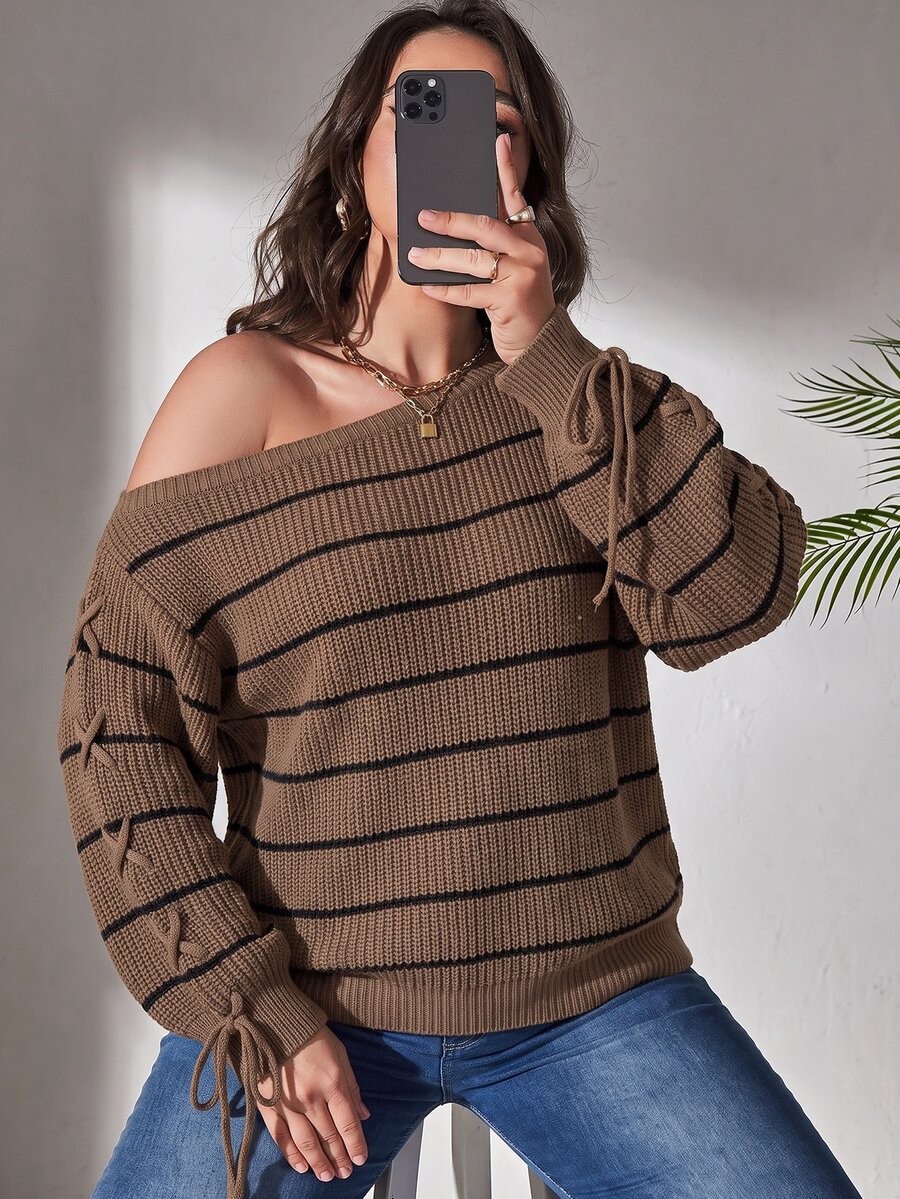 Elenzga Autumn/Winter Plus Size Loose Korean Style Colorblock Striped Off-Shoulder Drawstring Long Sleeve Casual Sweater - Coffee Brown - View 1