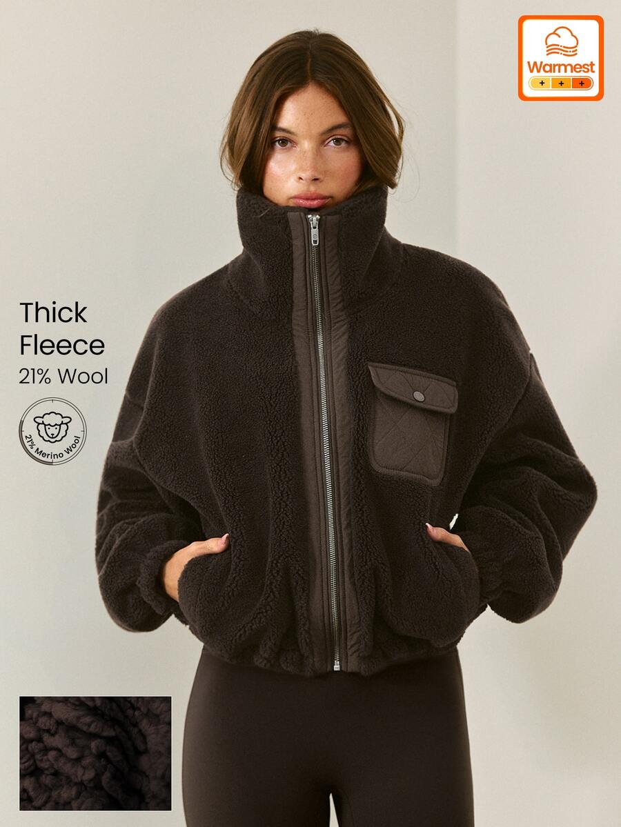 GLOWMODE 21% Wool Blend Keep It Cozy High-Neck Jacket With Drawstring Hem, Contrast Woven Trim & Chest Pockets Daily Casual Fall Winter Wear - Chocolate Brown - View 1