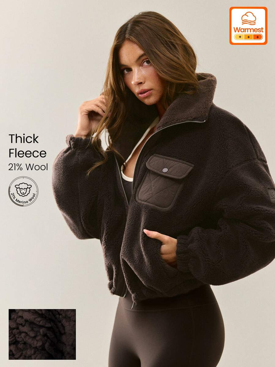 GLOWMODE 21% Wool Blend Keep It Cozy High-Neck Jacket With Drawstring Hem, Contrast Woven Trim & Chest Pockets Daily Casual Fall Winter Wear - Chocolate Brown - View 1