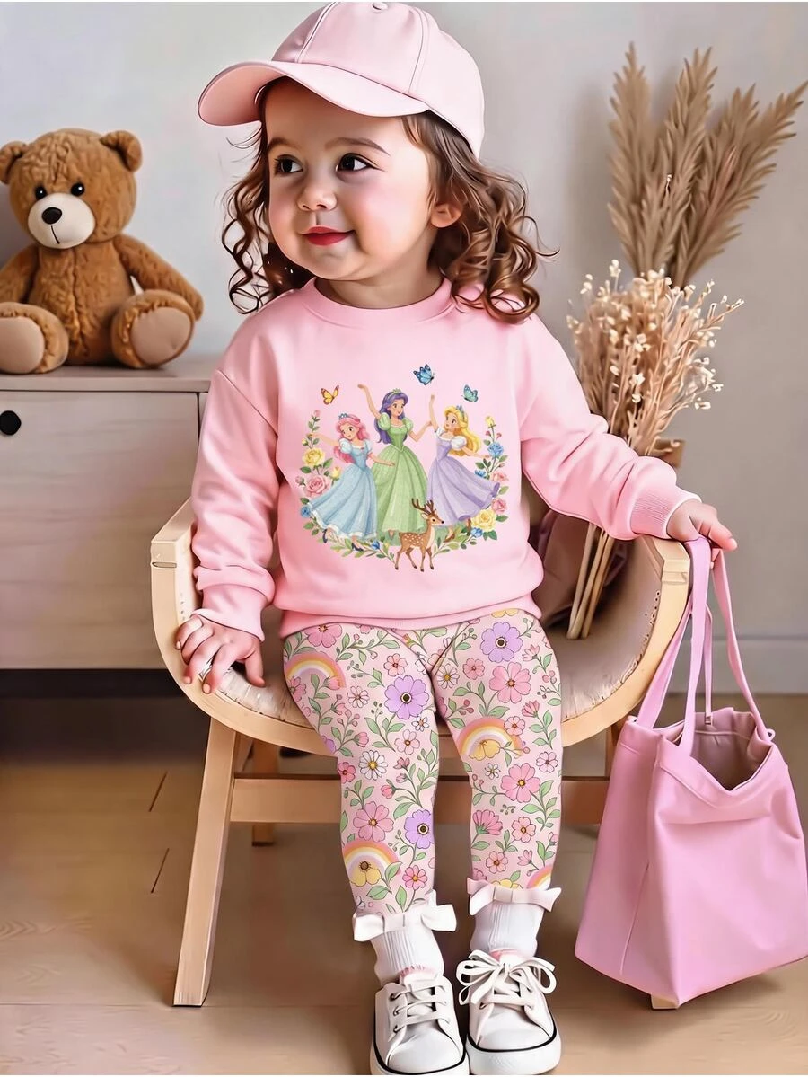 Set Pakaian Kasual Sehari-hari untuk Bayi Perempuan Bergambar Kartun, Lengan Panjang, Leher Bulat, dan Sweatshirt/Celana Olahraga - MultiWarna - View 1