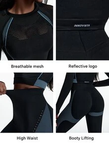 Innovista Innovista Women's Colorblock Sports Set Gym Set Workout Set Pilates Yoga Set Sportswear Activewear Push Up Booty Lift Squat Proof Tummy Control Compression - Black - View 6