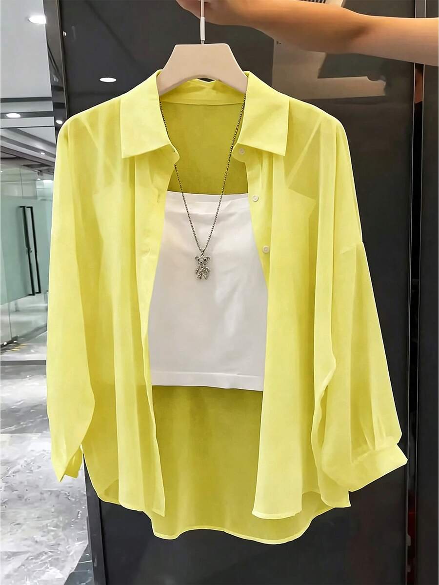 Franclia Collar Basic Transparent Solid Color Minimalist Casual Shirt Vacation Yellow Summer - Yellow - View 1