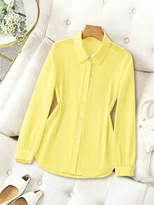 Franclia Collar Basic Transparent Solid Color Minimalist Casual Shirt Vacation Yellow Summer - Yellow - View 3