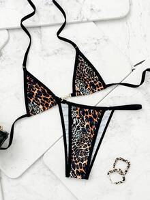 SHEIN Swim 夏季女士动物印花微三角比基尼套装带金属环连接，性感黑色比基尼带抽绳 - 彩色 - 查看 1