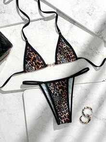 SHEIN Swim 夏季女士动物印花微三角比基尼套装带金属环连接，性感黑色比基尼带抽绳 - 彩色 - 查看 3