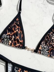 SHEIN Swim 夏季女士动物印花微三角比基尼套装带金属环连接，性感黑色比基尼带抽绳 - 彩色 - 查看 5