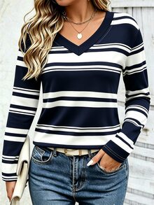 EMERY ROSE Autumn Outing Top, Women's Plus Size V-Neck Top, Classic Black And White Striped Print Pattern, Pattern Design, Daily Wear, Casual Vacation, Comfortable Fabric - Multicolor - View 3
