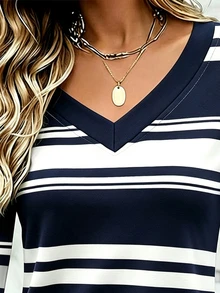 EMERY ROSE Autumn Outing Top, Women's Plus Size V-Neck Top, Classic Black And White Striped Print Pattern, Pattern Design, Daily Wear, Casual Vacation, Comfortable Fabric - Multicolor - View 6