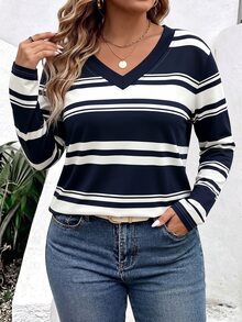 EMERY ROSE Autumn Outing Top, Women's Plus Size V-Neck Top, Classic Black And White Striped Print Pattern, Pattern Design, Daily Wear, Casual Vacation, Comfortable Fabric - Multicolor - View 1