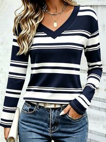 EMERY ROSE Autumn Outing Top, Women's Plus Size V-Neck Top, Classic Black And White Striped Print Pattern, Pattern Design, Daily Wear, Casual Vacation, Comfortable Fabric - Multicolor - View 4