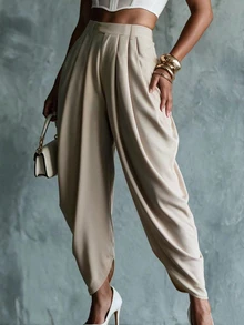 SHEIN Women's Fashion Commuter Pleated Long Pants - Khaki - View 2