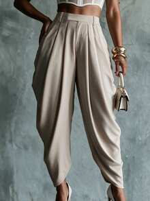 SHEIN Women's Fashion Commuter Pleated Long Pants - Khaki - View 4