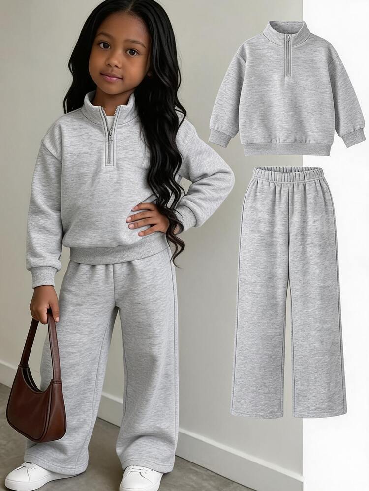 SHEIN Kids Young Girls Young Girl Grey Thick Sweatshirt Set, Soft And Comfortable, New Autumn/Winter Casual Versatile - Grey - View 1