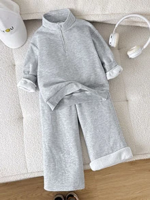 SHEIN 兒童小女孩灰色加厚運動衫套裝，柔軟舒適，秋冬新款休閒百搭 - 灰色 - 查看 5