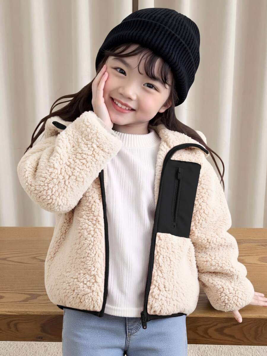 Cozy Pixies 女童泡泡抓絨加厚撞色連帽長袖開襟外套 - 黑色 - 查看 1