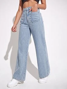 Rivivi Women's High Waist Shell Pocket Washed Denim Straight Leg Jeans - Light Wash - View 4