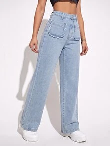 Rivivi Women's High Waist Shell Pocket Washed Denim Straight Leg Jeans - Light Wash - View 5