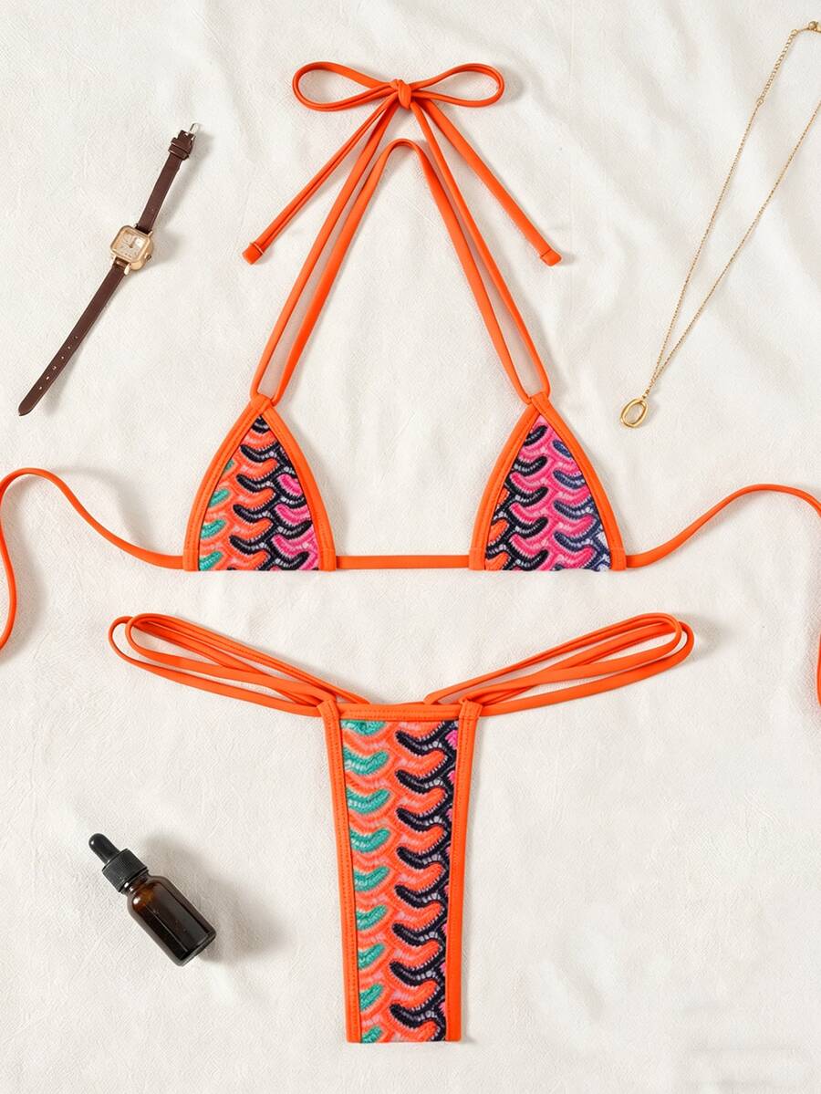 Swim SXY 2件套新款纹理面料微三角罩杯挂脖性感优雅度假比基尼套装,适合海滩、泳池派对 - 彩色 - 查看 1