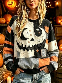 Breezaya Halloween Patchwork Crew Neck Sweatshirt Long Sleeve Color Block Pullover Top For Women - Multicolor - View 1