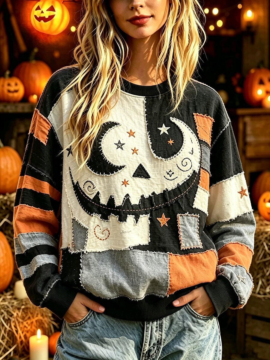 Breezaya Halloween Patchwork Crew Neck Sweatshirt Long Sleeve Color Block Pullover Top For Women - Multicolor - View 1