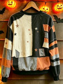 Breezaya Halloween Patchwork Crew Neck Sweatshirt Long Sleeve Color Block Pullover Top For Women - Multicolor - View 2
