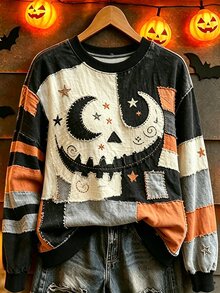 Breezaya Halloween Patchwork Crew Neck Sweatshirt Long Sleeve Color Block Pullover Top For Women - Multicolor - View 3