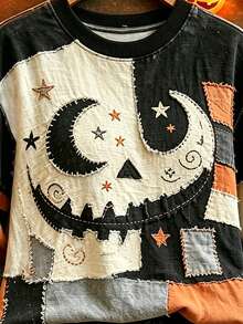 Breezaya Halloween Patchwork Crew Neck Sweatshirt Long Sleeve Color Block Pullover Top For Women - Multicolor - View 4