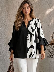Ceyna Autumn Style Floral Geometric Print Colorblock Patchwork Black And White Ruffle Trim 3/4 Sleeve V-Neck Plus Size Blouse Formal Office Brunch Elegant - Multicolor - View 7