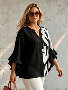 Ceyna Autumn Style Floral Geometric Print Colorblock Patchwork Black And White Ruffle Trim 3/4 Sleeve V-Neck Plus Size Blouse Formal Office Brunch Elegant - Multicolor - View 3
