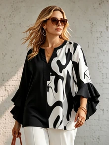 Ceyna Autumn Style Floral Geometric Print Colorblock Patchwork Black And White Ruffle Trim 3/4 Sleeve V-Neck Plus Size Blouse Formal Office Brunch Elegant - Multicolor - View 1