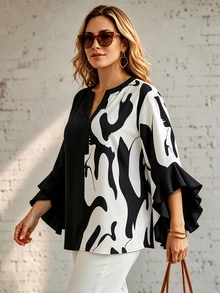Ceyna Autumn Style Floral Geometric Print Colorblock Patchwork Black And White Ruffle Trim 3/4 Sleeve V-Neck Plus Size Blouse Formal Office Brunch Elegant - Multicolor - View 4