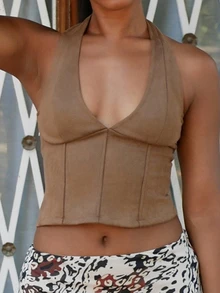Yess Loren 女士棕色纹理针织圆领长袖修身毛衣，秋冬季 - 棕色 - 查看 7