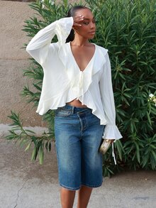 Yess Loren Elegant Linen Blend Ruffle Hem Sheer Blouse, Suitable For Beach, Brunch, Casual Wear, White, Graceful, Outdoor,Summer Top - Apricot - View 5