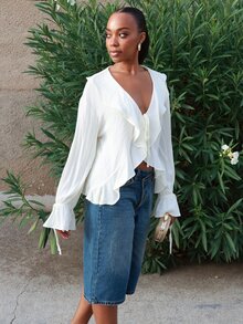 Yess Loren Elegant Linen Blend Ruffle Hem Sheer Blouse, Suitable For Beach, Brunch, Casual Wear, White, Graceful, Outdoor,Summer Top - Apricot - View 4