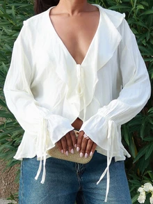 Yess Loren Elegant Linen Blend Ruffle Hem Sheer Blouse, Suitable For Beach, Brunch, Casual Wear, White, Graceful, Outdoor,Summer Top - Apricot - View 7