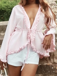 Yess Loren 女士荷叶边收腰宽松喇叭袖上衣 - 淺粉色 - 查看 7