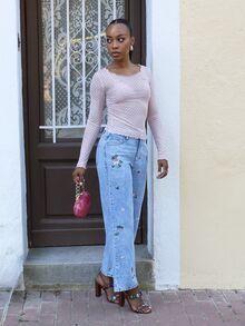 Yess Loren Women's Polka Dot Sheer Long Sleeve Crew Neck Undershirt, Spring/Summer - Pink - View 3