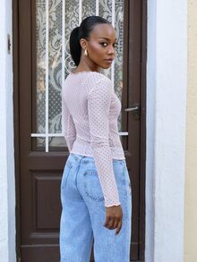 Yess Loren Women's Polka Dot Sheer Long Sleeve Crew Neck Undershirt, Spring/Summer - Pink - View 2