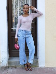 Yess Loren Women's Polka Dot Sheer Long Sleeve Crew Neck Undershirt, Spring/Summer - Pink - View 1