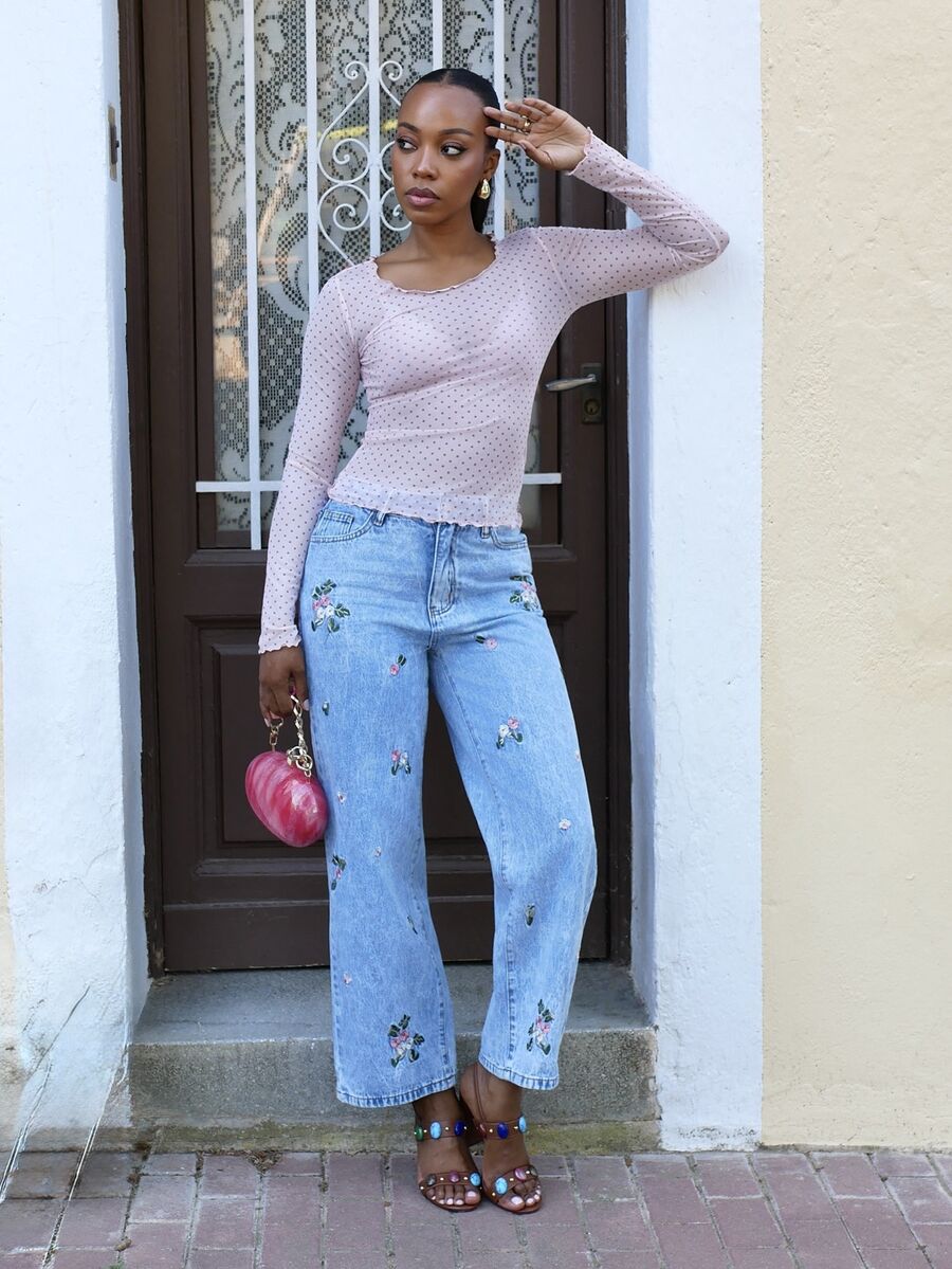 Yess Loren Women's Polka Dot Sheer Long Sleeve Crew Neck Undershirt, Spring/Summer - Pink - View 1
