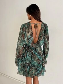 Aloruh 性感波希米亞風垂領露背綁帶雪紡A字迷你洋裝女款 - 彩色 - 查看 4
