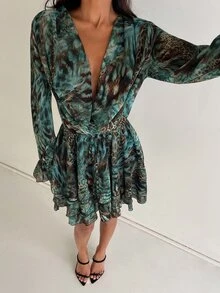 Aloruh 性感波希米亞風垂領露背綁帶雪紡A字迷你洋裝女款 - 彩色 - 查看 6