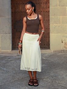 Yess Loren Women's Summer Hollow Textured A-Line Skirt Petite - Beige - View 6