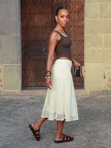 Yess Loren Women's Summer Hollow Textured A-Line Skirt Petite - Beige - View 5