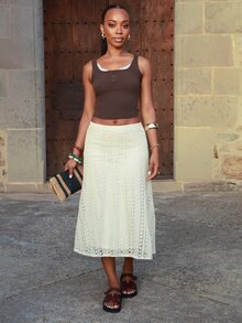 Yess Loren Women's Summer Hollow Textured A-Line Skirt Petite - Beige - View 1