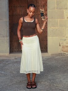 Yess Loren Women's Summer Hollow Textured A-Line Skirt Petite - Beige - View 4