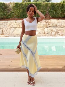 Yess Loren Women's Elegant Light Yellow Satin Skirt With Lace Trim,Summer Asymmetric Slit Vacation Holiday Wear,Suitable For Beach,Party,Brunch,Wedding Guest - Yellow - View 5