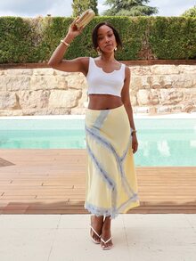 Yess Loren Women's Elegant Light Yellow Satin Skirt With Lace Trim,Summer Asymmetric Slit Vacation Holiday Wear,Suitable For Beach,Party,Brunch,Wedding Guest - Yellow - View 3