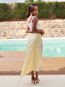 Yess Loren Women's Elegant Light Yellow Satin Skirt With Lace Trim,Summer Asymmetric Slit Vacation Holiday Wear,Suitable For Beach,Party,Brunch,Wedding Guest - Yellow - View 2