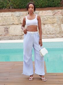 Yess Loren Women's Casual Striped Loose Korean Style Contrast Color 2 In 1 Pants Vacation - Baby Blue - View 1